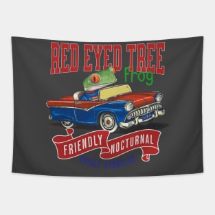 Funny and Cute Red Eye Tree Frog driving a classic vintage retro car with red white and blue banners tee Tapestry