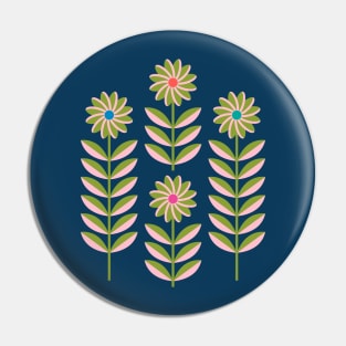 LOVE ME LOVE ME NOT Folk Art Mid-Century Modern Scandi Floral in Pink and Green on Dark Blue - UnBlink Studio by Jackie Tahara Pin