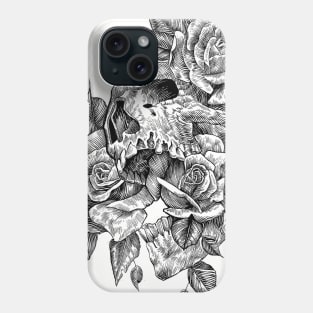 black and white ink line drawing skull and roses 2 Phone Case