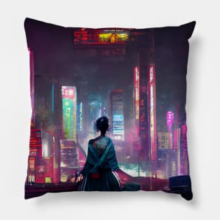 Geisha in a cyberpunk city Pillow