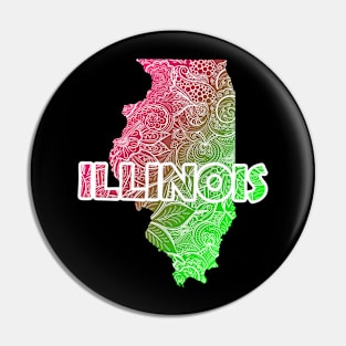 Colorful mandala art map of Illinois with text in pink and green Pin