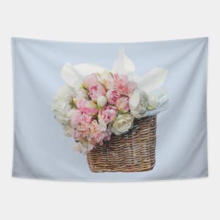Bunch of pink and white peonies flowers in a wicker basket Tapestry