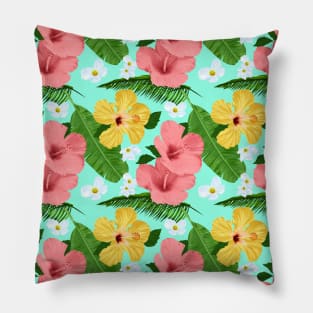 Tropical Hibiscus and Palm Fronds in Teal Pillow