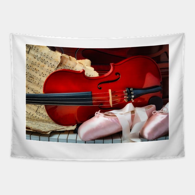 Violin And pointe Slippers And Sheet Music Tapestry by photogarry