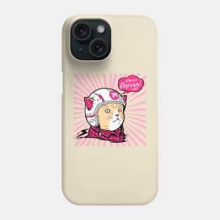 Comic cartoon with a cute retro motorized cat in pink colors with the phrase in Spanish: Hurry, hurry! Phone Case