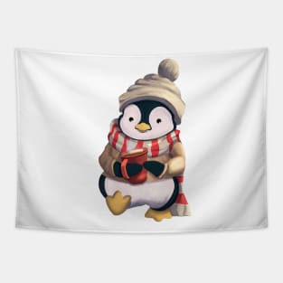 Christmas penguin drinking coffee Tapestry