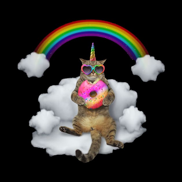 Rainbow Unicorn Cat Eating Donut On Cloud by SpacemanTees