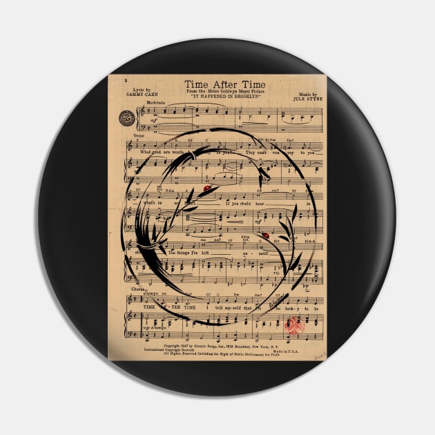 Time After Time - Sumie Enso Ink Brush Painting on Vintage Sheet Music Pin by tranquilwaters