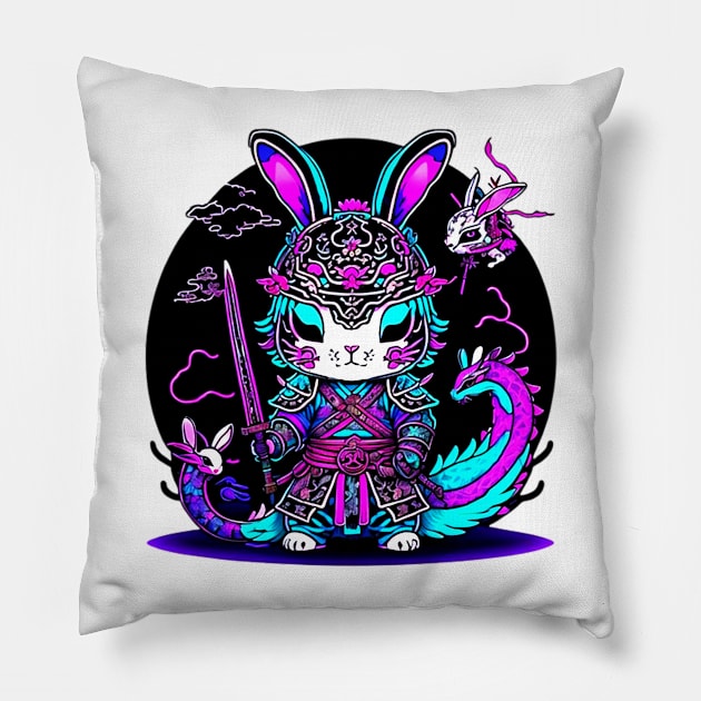 Rabbit Warrior And Dragons Pillow by Sugarori