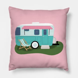 Let's Go Camping! Vintage Aqua Camper Pillow