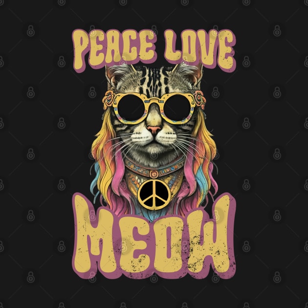 Peace Love Meow, Retro Groovy Style Hippie Cat Lover Design by PugSwagClothing