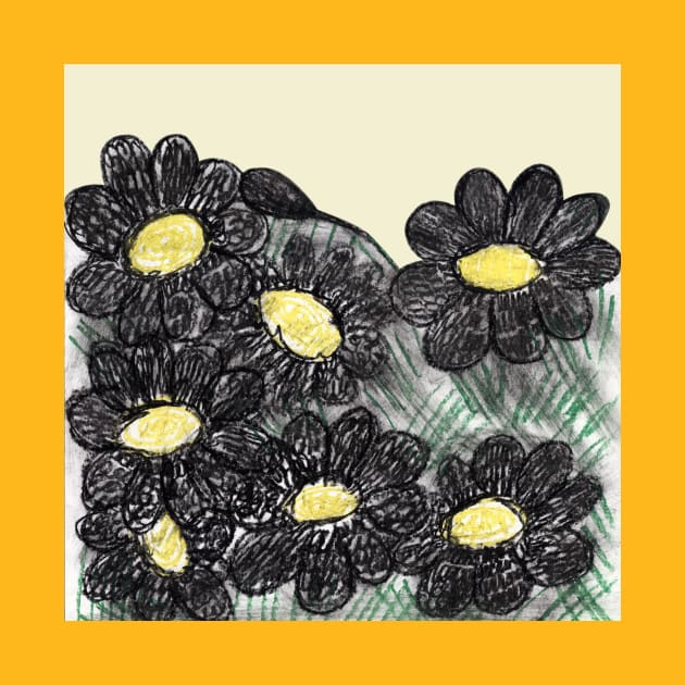 Botanical illustration with daisies. Hand painting, naturalistic black-yellow flowers. Summer print. Design for fabric, textile, packaging, flower shop, website, floristry. by Olesya Pugach