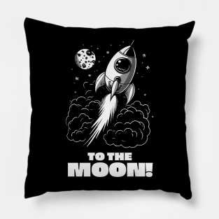 To The Moon! || Black and White Rocket in Space Pillow