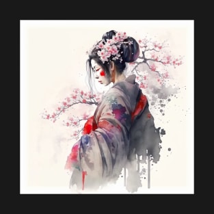 Japanese geisha in kimono and cherry blossoms T-Shirt
