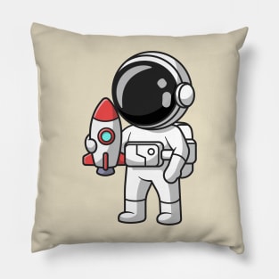 Cute Astronaut Holding Mini Rocket Cartoon Pillow