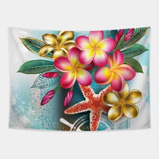 Plumeria flowers on blue background Tapestry