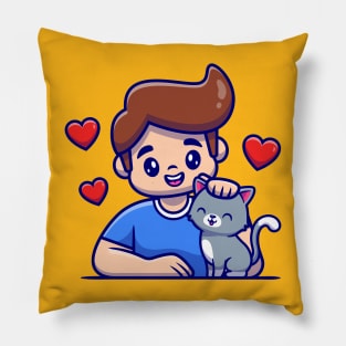 Cute Boy With Cat Cartoon Pillow