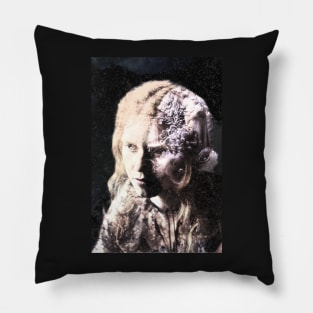 Beautiful woman with strange half of face. Bright light. Beautiful and dark. Pillow