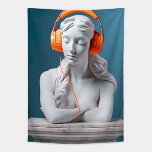 marble statue with orange headphones Tapestry