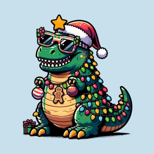 Tree-Rex Holiday Dinosaur - Christmas Tree T-Rex TreeRex Pun with Santa Hat, Lights and Ornaments T-Shirt