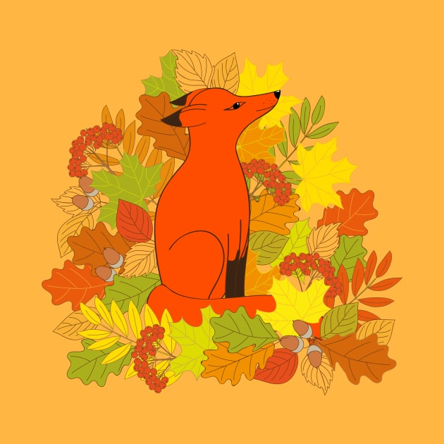 cute red fox into fall leaves by Alina