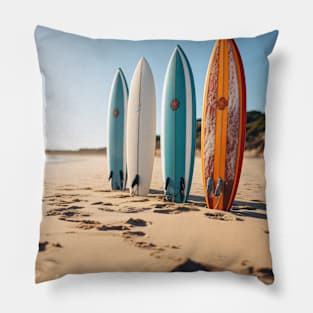 Surf lifestyle and Surfboards at sunset beach sand Pillow