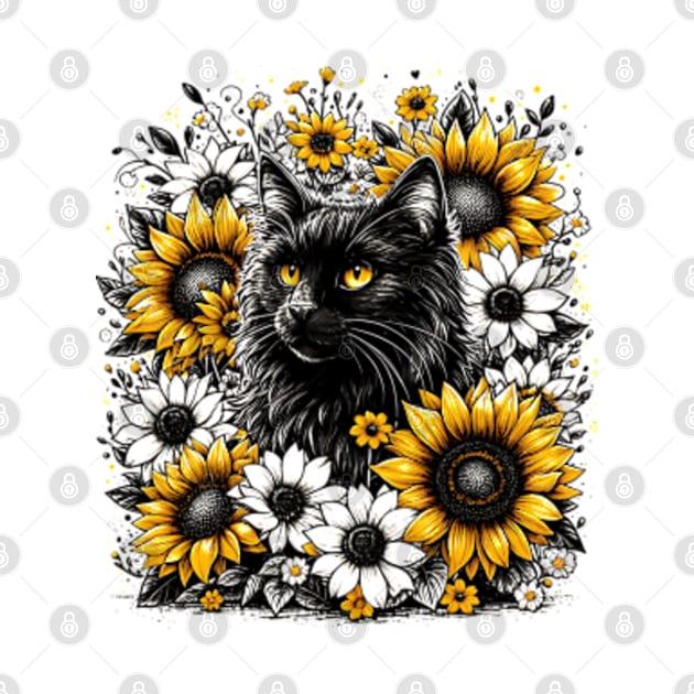 black cat encircled by white and yellow flowers by StyleTops