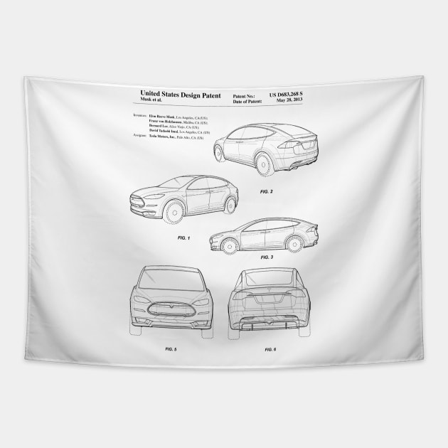 Tesla Model S Electric Car Vintage Patent Drawing Tapestry by TheYoungDesigns
