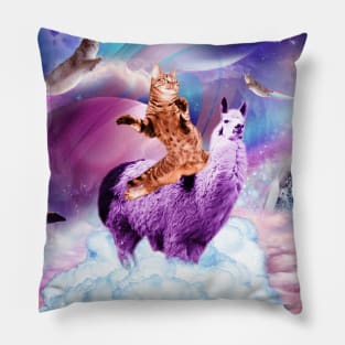 Kitty Cat Riding On Rainbow Llama In Space Pillow