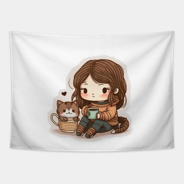 Cute Cat Coffee Mom Tapestry by ShirtStories