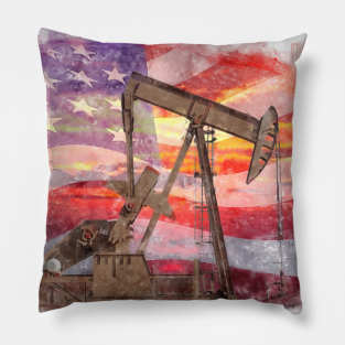 Pumpjack with American Flag pastel drawing Pillow