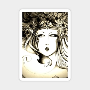 nouveau art print sketch lady floral face sepia drawing charcoal pen Magnet