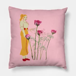 Yellow girl and Red rose t-shirt Pillow