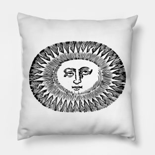 celestial bored sun with face line drawing vintage rays Pillow