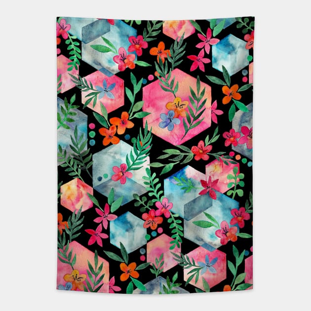 Whimsical Hexagon Garden on black Tapestry by micklyn