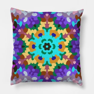 Retro Mandala Blue Purple and Yellow Pillow