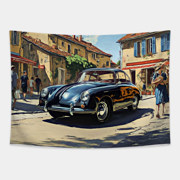 Porsche 356 in a french village Tapestry by DeVerviers