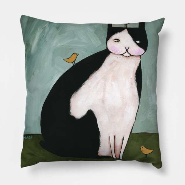 Folk Art Rabbit and Chick Friends Pillow by KilkennyCat Art