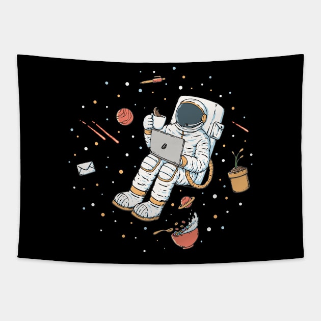 Astronaut Working from Home with Coffee - Space Office Art Tapestry by LukmannHak