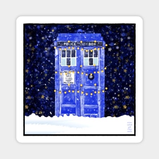 Blue Police Box With Christmas Lights Snow and Stars Magnet