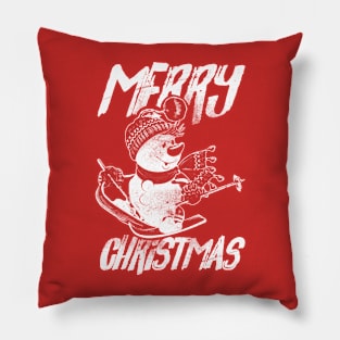 Skiing Snowman - Merry Christmas - White Pillow