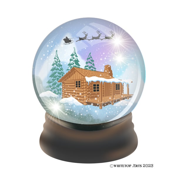 Snow Globe Santa and Reindeer Flying Over A Winter Cabin by Whitetop Arts