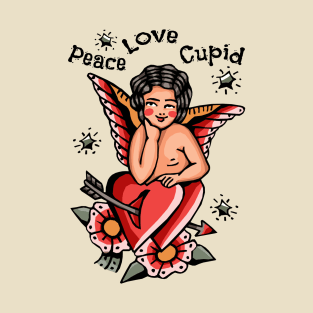 Vintage Cupid Tattoo, Peace and Love T-Shirt