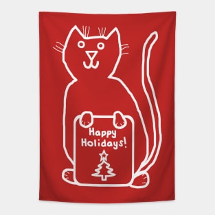 White Line Cute Christmas Kitty Cat says Happy Holidays Tapestry