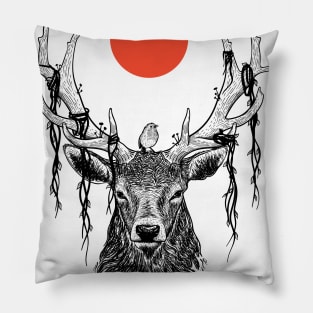 deer in wildlife with cute bird and red moon Pillow