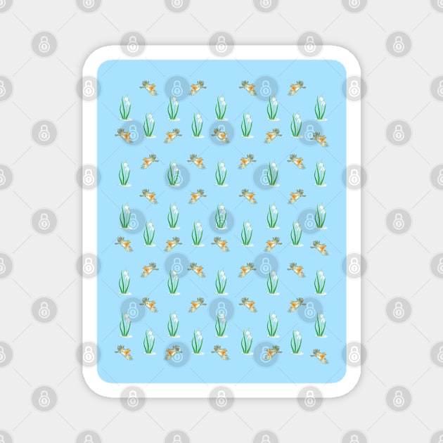 Red Robin Birds and Snowdrop Pattern on light Blue Background Magnet by Julia Doria Illustration