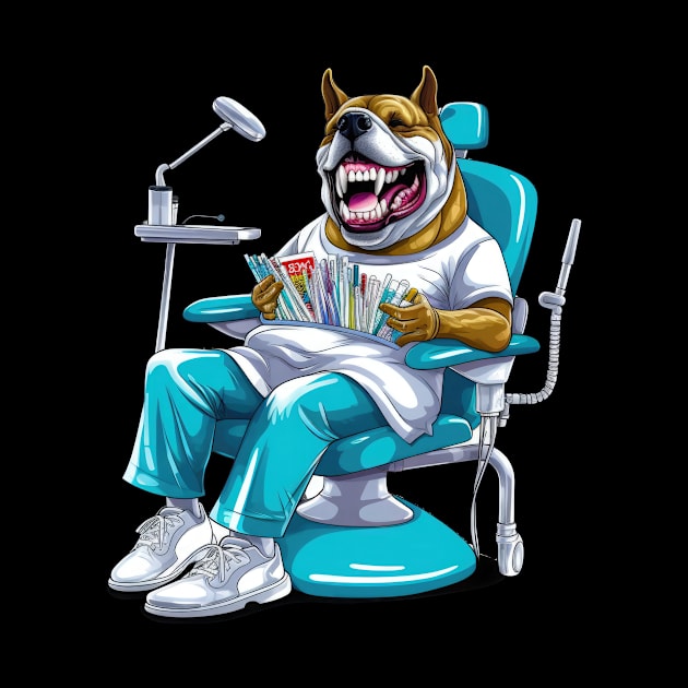 An English Bulldog sitting in front of a dentist's chair, wearing a blue surgical mask by teestore_24