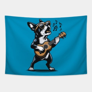 Dog Playing Guitar Singing Boston Terrier Funny Tapestry