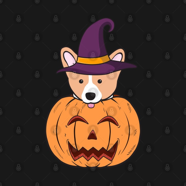 Halloween Cute Corgi With Witch Hat Stuck In A Pumpkin Head. by Candaria