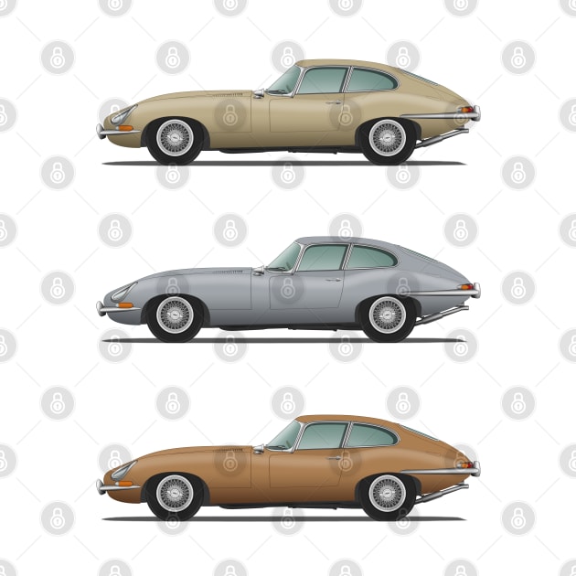 Jaguar E Type Fixed Head Coupe Gold Silver And Bronze by SteveHClark